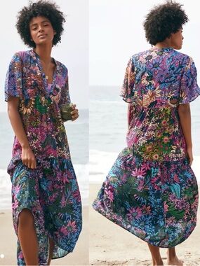 Anthropologie The Kallie Flowy Maxi Dress: Printed Edition Mixed Bold Florals XS